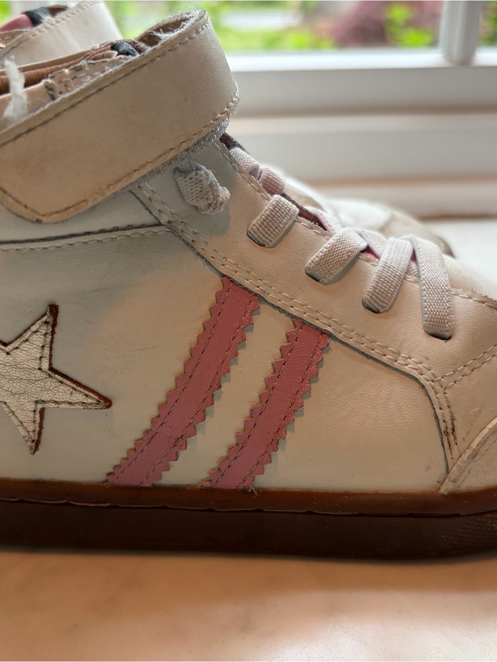 Old Soles White High-Top Sneakers with Pink Stripes and Star Accent